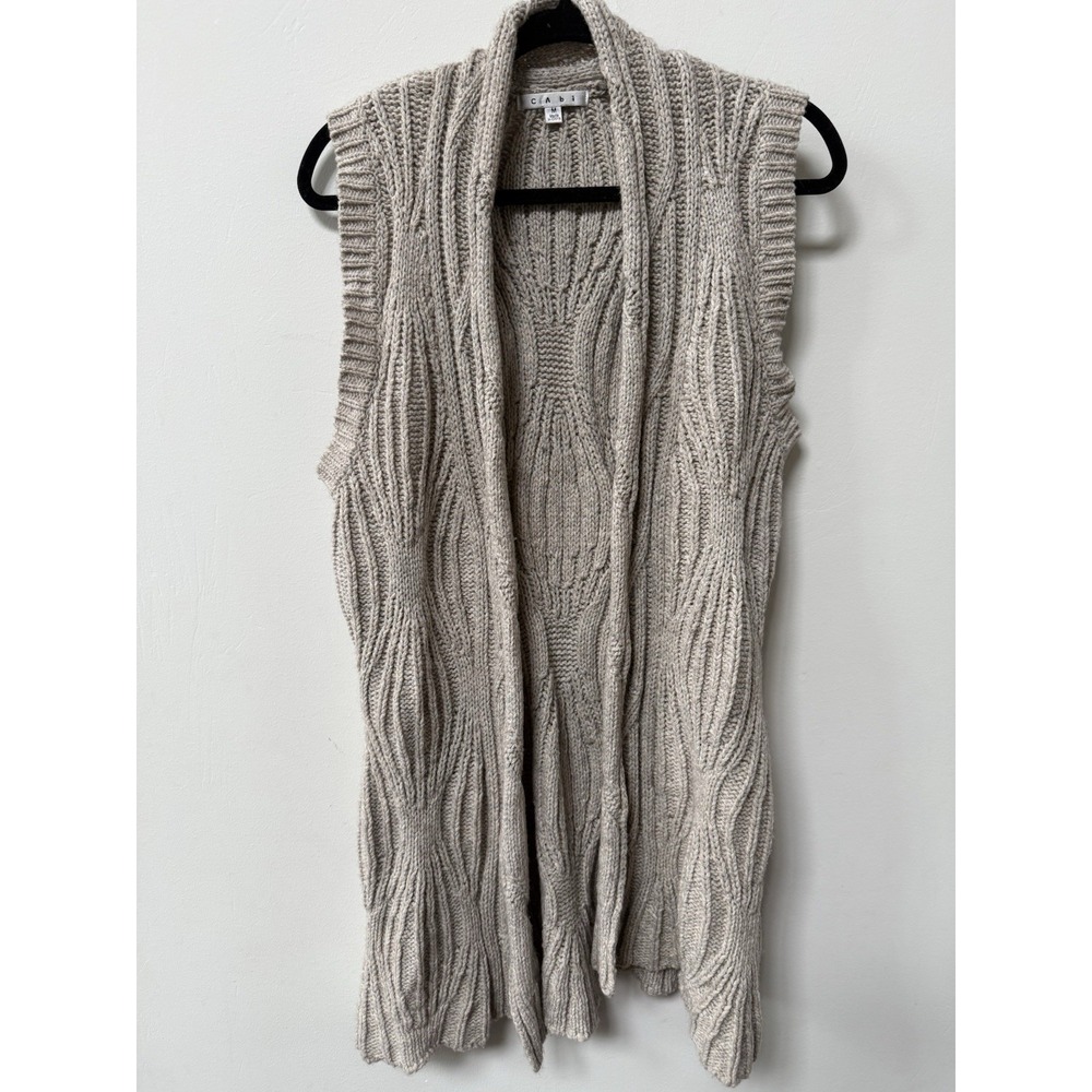 CAbi Womens Cable Knit Sweater Vest Wool Yak Blend Beige Sz M Chunky Open Front